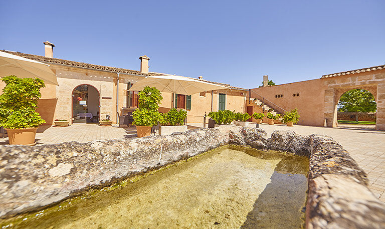 A corner of the courtyard with cream parasols, an arched passage and an outdoor staircase climbing the stone wall