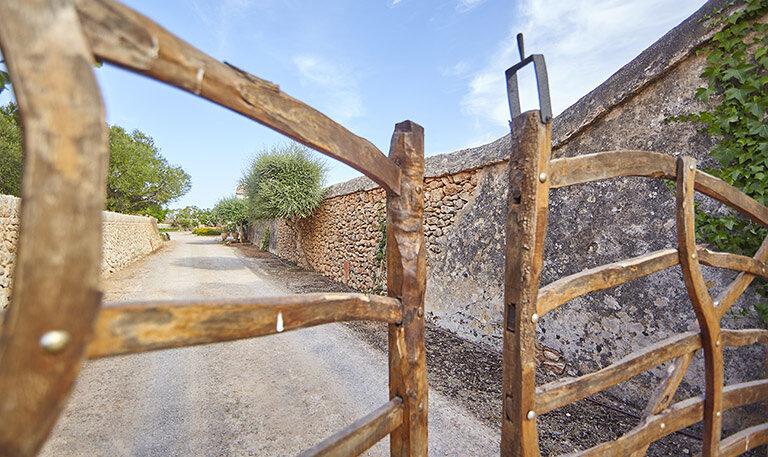 Looking out through a rustic timber gate onto a gravel lane running between long dry-stone walls into the open Mallorcan country