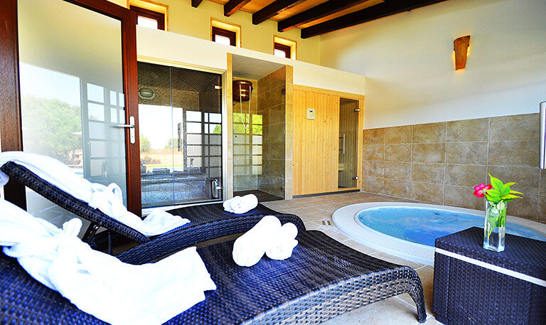 The spa: dark loungers with white towels beside a round whirlpool, a glass-walled steam room and a wood-clad sauna, daylight through the windows